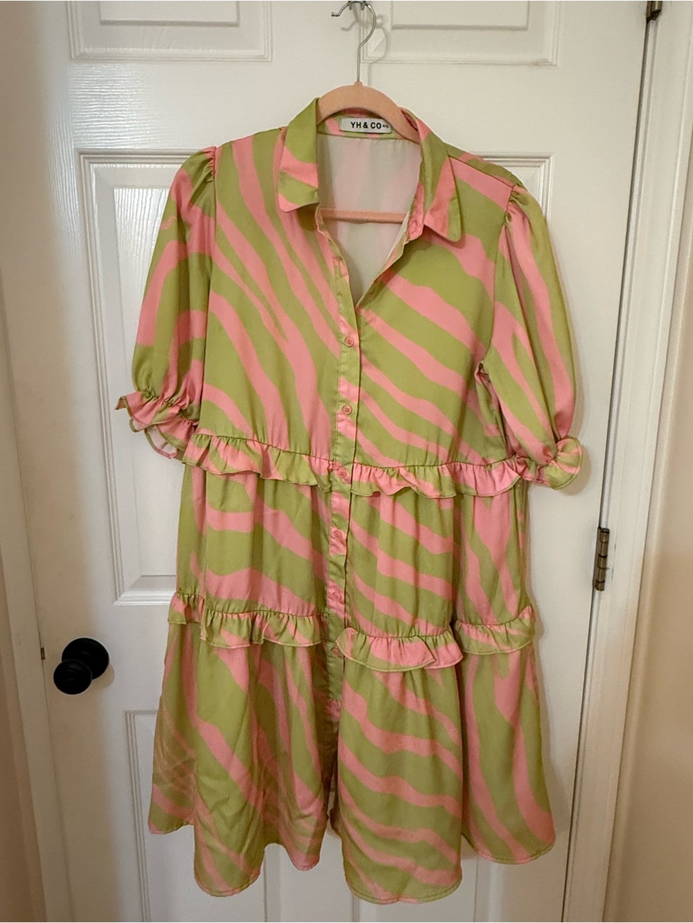 Pink and Green Zebra-Print Tiered Midi Dress